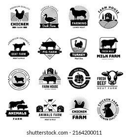 Rural badges. Farm emblems with domestic animals pork horses cows chicken goose country symbols recent vector templates with place for text