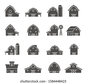 Rural barn building silhouettes glyph icons set. Farmyard architecture negative space symbols. Farm barns with water towers isolated on white background. Farm sheds, wind pump and silo pictograms
