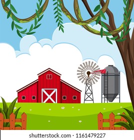 A rural barn house landscape illustration