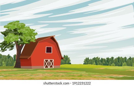 Rural barn on the field. Farm. Forest and pasture. Vector farm landscape