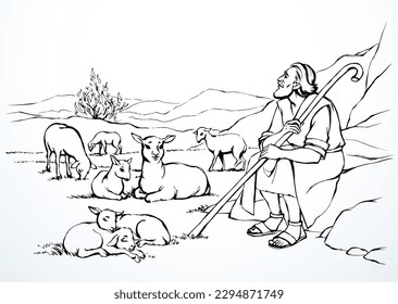 Rural beard guard worker arm hold cane stick staff care male lamb baby pet flock wild plant branch hill land white sky scene. Hand drawn east holy jew servant work pray symbol hebrew story retro art