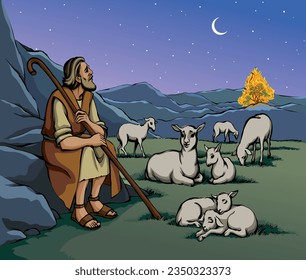 Rural beard guard worker arm hold cane stick staff care male lamb baby pet flock wild plant branch hill land white sky scene. Hand drawn east holy jew servant work pray symbol hebrew story retro art