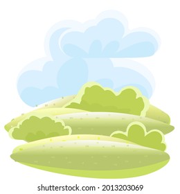 Rural beautiful landscape. Cartoon style. Clouds. Hills with grass and forest trees. Lush meadows. Cool romantic beauty. Flat design illustration. Vector art