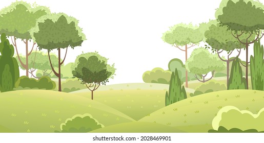 Rural beautiful landscape. Cartoon style. Hills with grass and forest trees. Cool romantic beauty. Flat design illustration. Isolated on white. Vector art