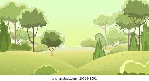 Rural beautiful landscape. Cartoon style. Hills with grass and forest trees. Lush meadows. Cool romantic beauty. Flat design illustration. Vector art.