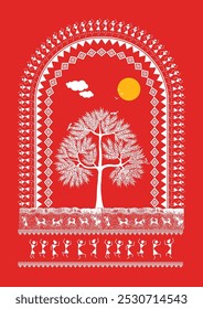 Rural Bliss: A Serene Warli Depiction of Village Enjoyment. Warli art rural life, Warli village scene, Indian folk art rural, Warli countryside art.