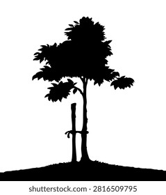 Rural botanic stalk sprout stem begin sow new eco yard flora work tool tape cord knot help bind post peg flower bud life hope field job white sun sky. Black line hand drawn wind hold dirt earth land save logo sign icon concept old vintage outline art