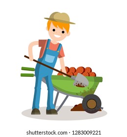 Rural boy digging potatoes with a spade. rustic Cart with vegetables. countryside work. Element of village life. Planting and harvesting. Cartoon flat illustration