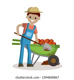 Rural boy digging potatoes with a spade. rustic Cart with vegetables. countryside work. Element of village life. Planting and harvesting. Cartoon flat illustration