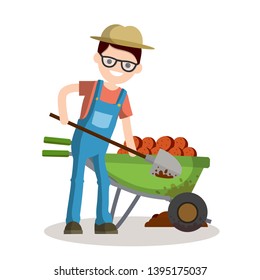 Rural boy digging potatoes with a spade. rustic Cart with vegetables. countryside work. Element of village life. Planting and harvesting. Cartoon flat illustration
