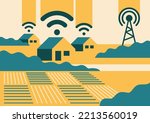 Rural broadband for e-connectivity of agricultural workers. Landscape with village houses and internet connection waves