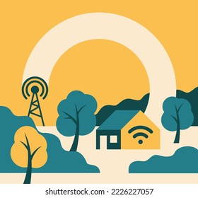 Rural broadband for e-connectivity of agricultural workers. Abstract Landscape with village houses and internet connection waves