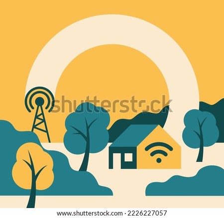 Rural broadband for e-connectivity of agricultural workers. Abstract Landscape with village houses and internet connection waves