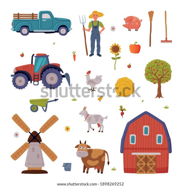 Rural Building and Agricultural\
Objects Set, Farmhouse, Mill, Tractor, Pickup, Livestock,\
Agriculture and Farming Concept Cartoon Style Vector\
Illustration