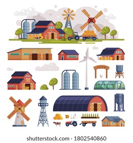 Rural Buildings and Agricultural Objects Set, Summer Farm Scene, Agriculture and Farming Concept Cartoon Vector Illustration