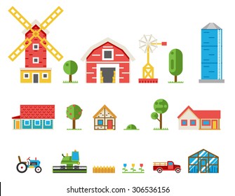 Rural buildings cottages tractor combine pickup icons isolated set vector illustration