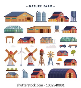 Rural Buildings Set, Barn, Country House, Windmill, Greenhouse, Wind Turbine, Agriculture and Farming Concept Cartoon Vector Illustration