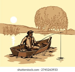 Rural calm even wild rest scenic view white morn sky big stream sea ocean bay wave scenery. Adult elder age 1 guy hat hunt food hold sail net gear work tool cartoon black line hand draw retro art page