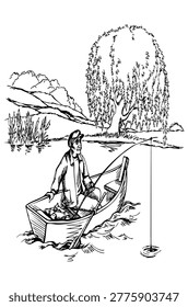 Rural calm even wild rest scenic view white morn sky big stream sea ocean bay wave scenery. Adult elder age 1 guy hat hunt food hold sail net gear work tool cartoon black line hand draw retro art page