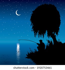 Rural calm peace old village park hill reed scene adult human guy boy relax hunt tool rest cartoon draw art style. Wild forest country stream wave scenery view dark black twilight blue star text space