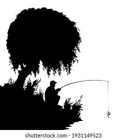 Rural calm peace old village garden park hill reed scene. Adult human guy boy hunt lure tool cartoon dark black draw art style. Wild forest country stream creek wave scenery view white sky text space