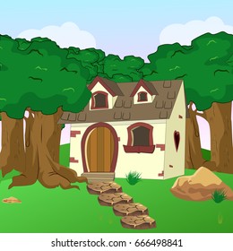 Rural Cartoon Forest Cabin Landscape vector illustration