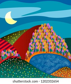 rural cartoon landscape with fields under the moon