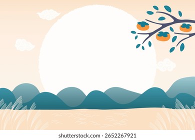 Rural Chinese, Korean landscape, scene, persimmon tree, pampas grass, mountains, full moon. Mid Autumn Festival, Chuseok background, backdrop, design elements. Hand drawn flat vector illustration
