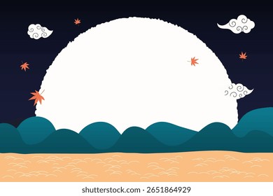 Rural Chinese, Korean night landscape, grass plain, mountains, full moon, leaves. Mid Autumn Festival, Chuseok, Tsukimi background, backdrop, design elements. Hand drawn flat vector illustration