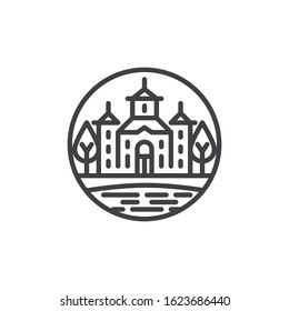 Rural church landscape line icon. linear style sign for mobile concept and web design. Church building with pond and trees outline vector icon. Symbol, logo illustration. Vector graphics