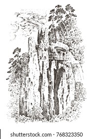 Rural church on the mountain or cliff. rustic monastery. engraved hand drawn in old sketch and vintage style for menus. scenery field background Sviatohirsk City on the banks of Seversky Donets River