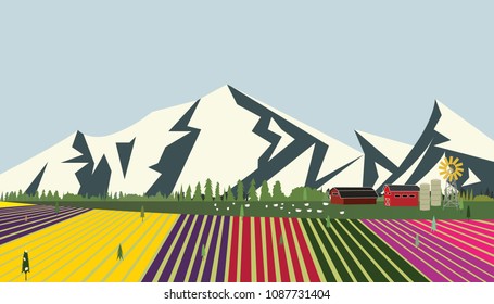 Rural colorful cartoon landscape with trees and mountains