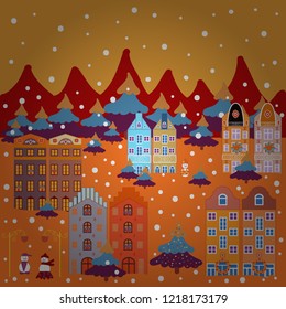 Rural community on orange, red and purple colors. Vector village countryside scene background. Freehand drawn cartoon style. Colorful cute outdoors landscape. Among hills.