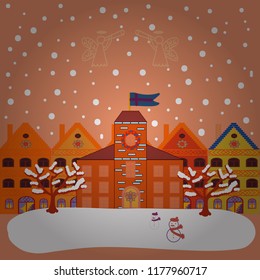 Rural community on orange, white and yellow colors. Vector village countryside scene background. Colorful cute outdoors landscape. Among hills. Freehand drawn cartoon style.