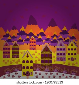 Rural community on purple, yellow and orange colors. Colorful cute outdoors landscape. Vector village countryside scene background. Freehand drawn cartoon style. Among hills.