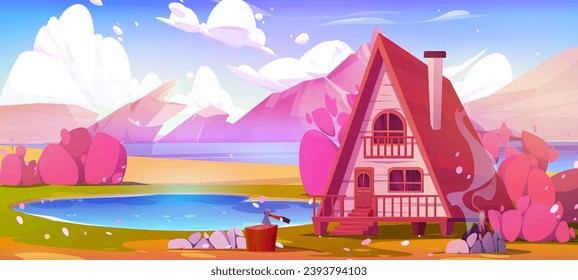 Rural cottage near mountain lake in spring. Vector cartoon illustration of small wooden house with porch and stairs, green yard with pink sakura trees, blossom petals flying in air, clouds in blue sky