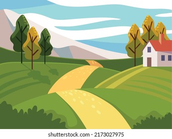 rural cottage and path field landscape