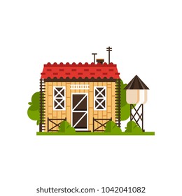 Rural cottage and water tower, countryside construction vector Illustrations on a white background