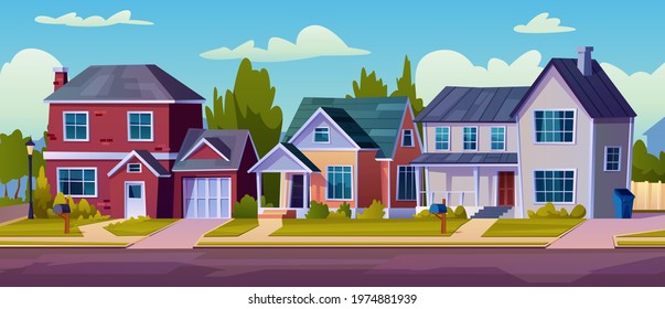 Rural cottages, suburban street with modern buildings and green trees. Vector real estate apartments, facade exterior of urban houses constructions. City architecture, village homes with garage