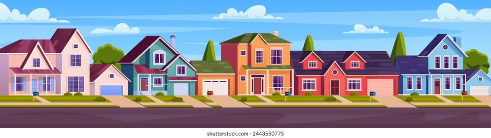 Rural cottages, suburban street with modern buildings with garages and green trees. Home facades withasphalt road in front of yards. Vector illustration in flat style