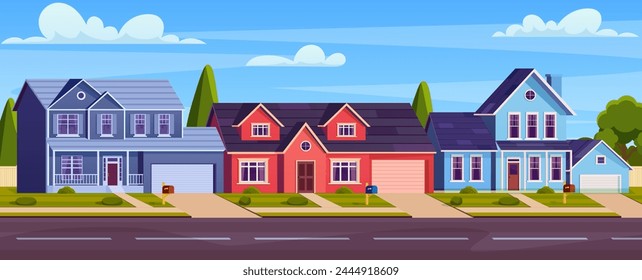 Rural cottages, suburban street with modern buildings with garages and green trees. Home facades withasphalt road in front of yards. Vector illustration in flat style