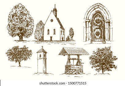 Rural country church. Hand drawn set.