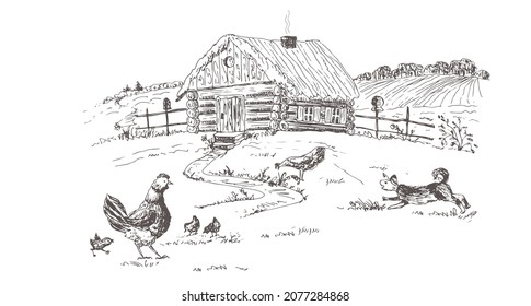 Rural, country house, hut. Dog, chicken with chickens. Hand-drawn vector illustration.