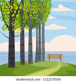 Rural country, landscape with trees, hills, branch, and fall leaves, suburban, vactor illustrations, cartoon style