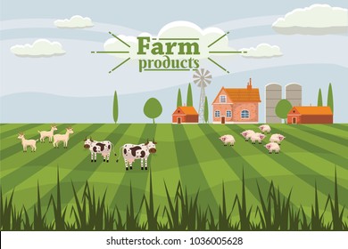 Rural countryside with a farm and cows, sheep and goats. Vector, illustration, isolated