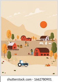 Rural countryside farm in earthly color tone.Poster of rural landscape in autumn.People gathering or harvest farm product.Barn,horses,falling leaves,tractor and pumpkin. Autumn farm postcard.