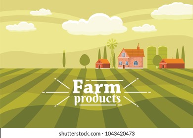 Rural countryside with a farm. Vector, illustration, isolated