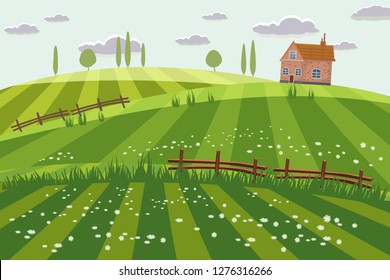 Rural countryside landscape, farmhouse, spring, summer, green meadows, fields, wildflowers, hills, trees on the horizon, fence, vector, illustration, isolated, cartoon style