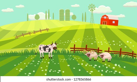 Rural countryside landscape, farmhouse, spring, summer, green meadows, fields, wildflowers, cow, bull, sheep, ram, hills, trees on the horizon, fence, vector, illustration, isolated, cartoon style