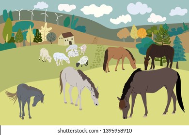 Rural countryside landscape, farmhouse, spring, summer, green meadows, fields, wildmill, horse, sheep,trees on hill with cloud on sky, vector, illustration